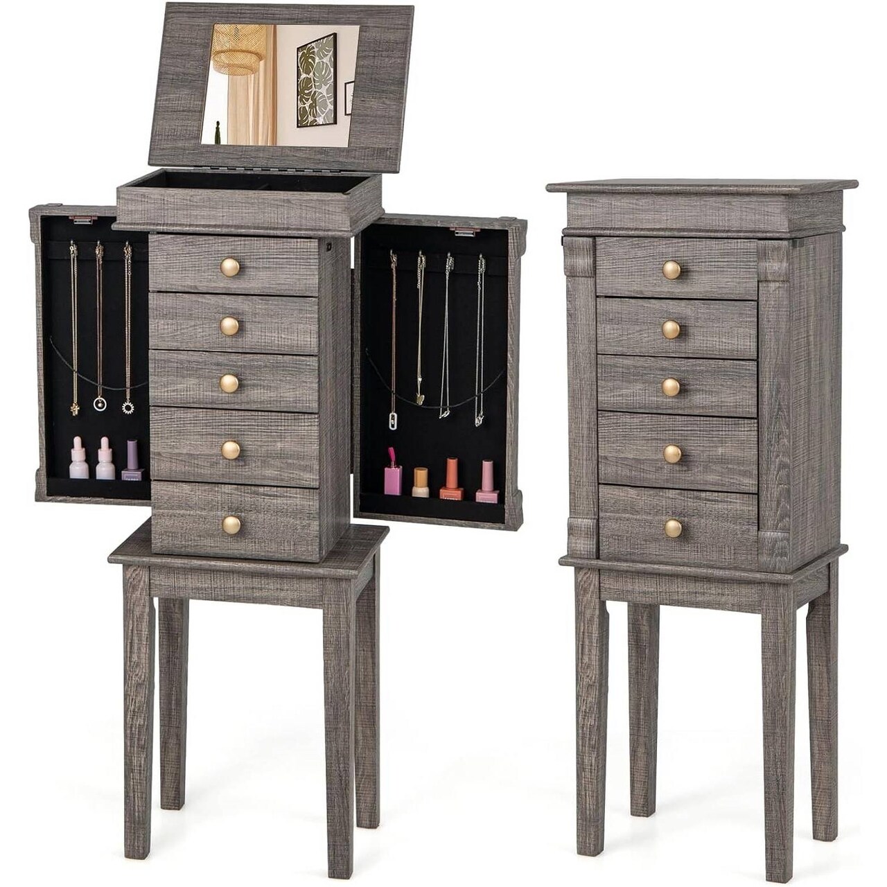 Washed Grey 5-Drawer Freestanding Jewelry Armoire with Top Flip Mirror and Side Storage Doors
